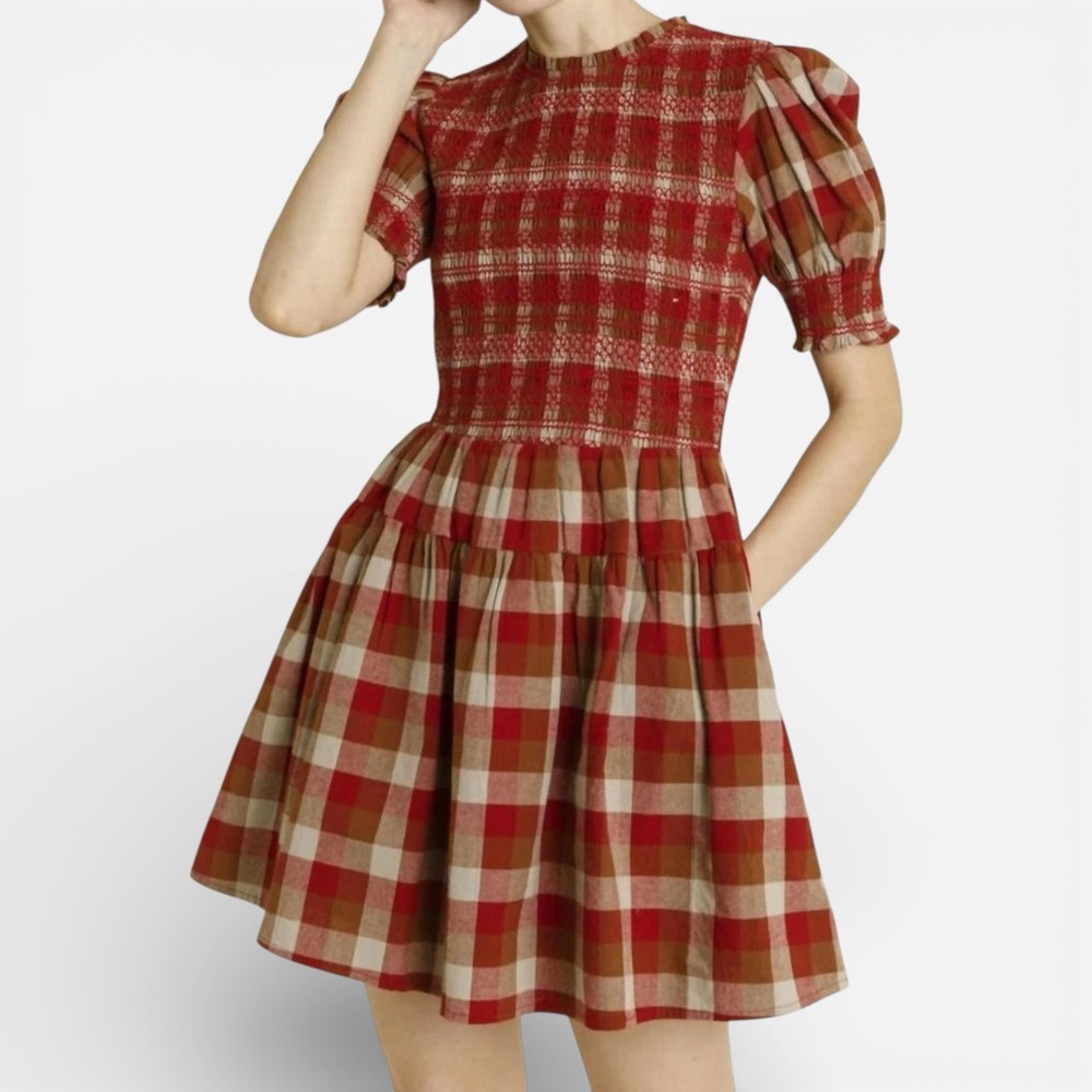 AUREUM Smocked Checkered Mini Dress Size S Cottagecore Prairie